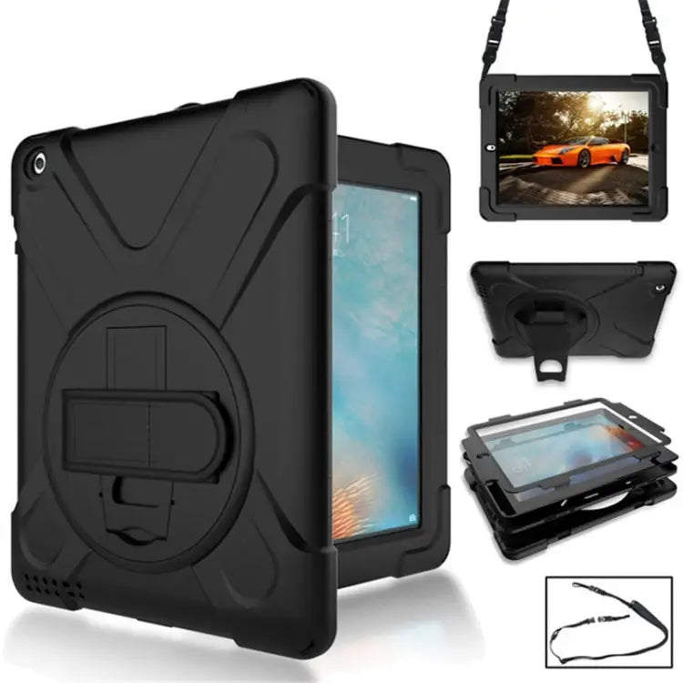 360 Degree Rotation Silicone Protective Cover with Holder and Hand Strap and Long Strap for iPad 9.7 (2017) & (2018)