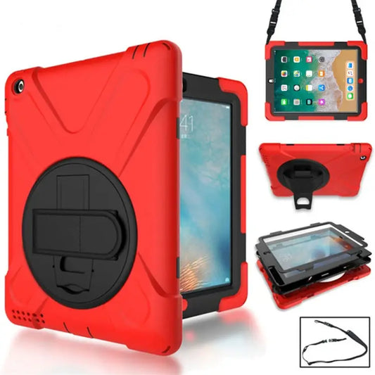 360 Degree Rotation Silicone Protective Cover with Holder and Hand Strap and Long Strap for iPad 9.7 (2017) & (2018)