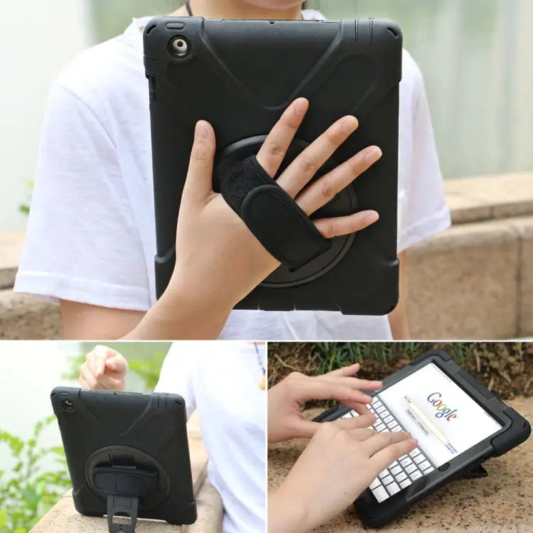 360 Degree Rotation Silicone Protective Cover with Holder and Hand Strap and Long Strap for iPad 9.7 (2017) & (2018)