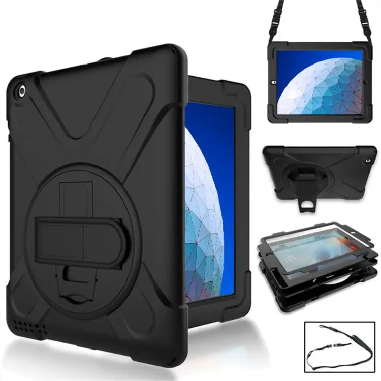 360 Degree Rotation Silicone Protective Cover with Holder and Hand Strap and Long Strap for iPad 9.7 (2017) & (2018)