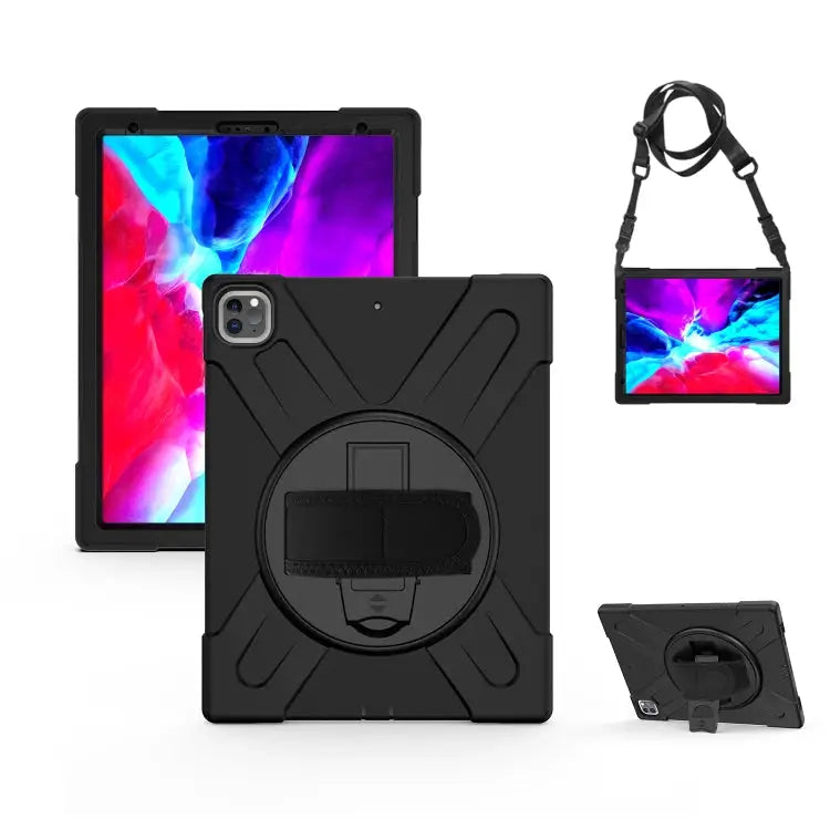 360 Degree Rotation Silicone Protective Cover with Holder and Hand Strap and Long Strap for iPad 9.7 (2017) & (2018)
