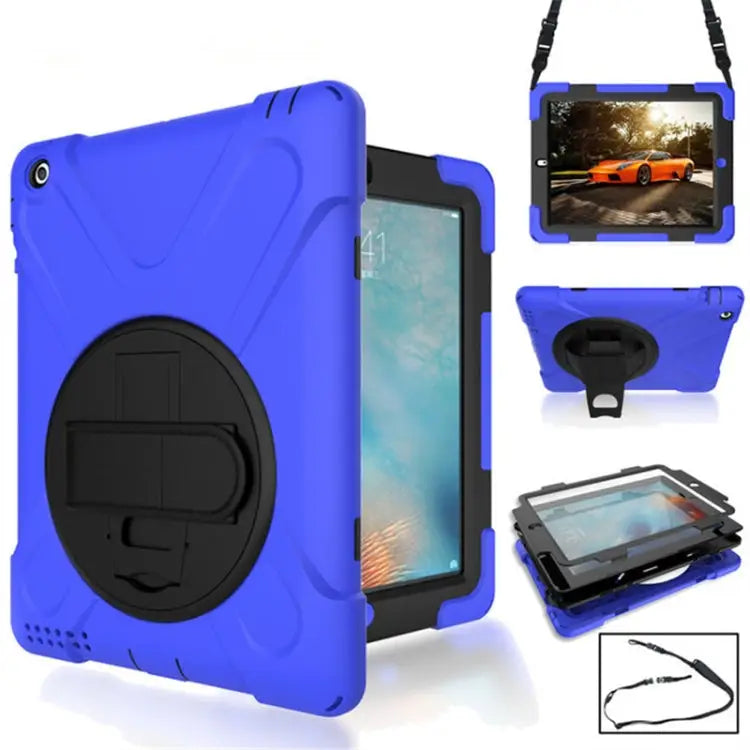 360 Degree Rotation Silicone Protective Cover with Holder and Hand Strap and Long Strap for iPad 9.7 (2017) & (2018)