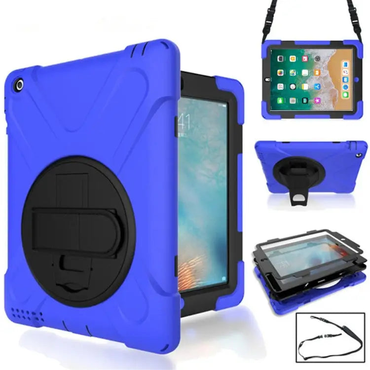 360 Degree Rotation Silicone Protective Cover with Holder and Hand Strap and Long Strap for iPad 9.7 (2017) & (2018)