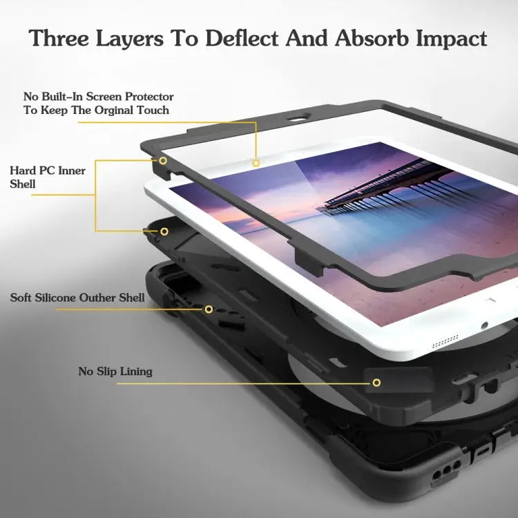 360 Degree Rotation Silicone Protective Cover with Holder and Hand Strap and Long Strap for iPad 9.7 (2017) & (2018)
