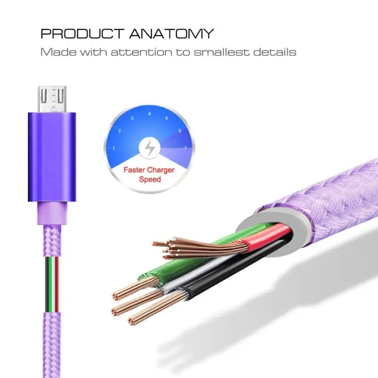 3A Woven Style Metal Head Micro USB to USB Data / Charger Cable Cable Length: 3m - 3m Micro USB / Purple