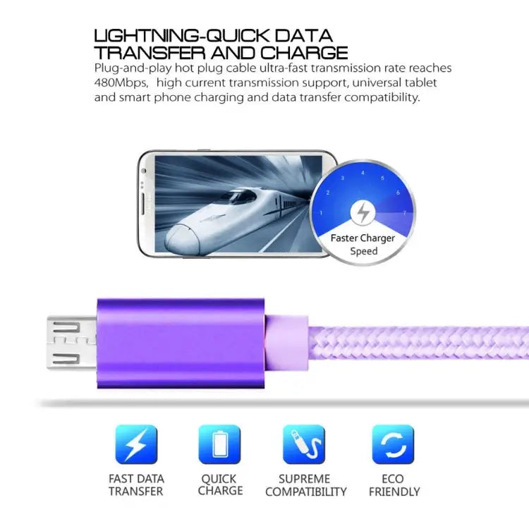 3A Woven Style Metal Head Micro USB to USB Data / Charger Cable Cable Length: 3m - 3m Micro USB / Purple