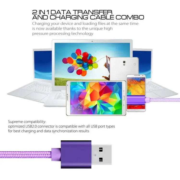 3A Woven Style Metal Head Micro USB to USB Data / Charger Cable Cable Length: 3m - 3m Micro USB / Purple