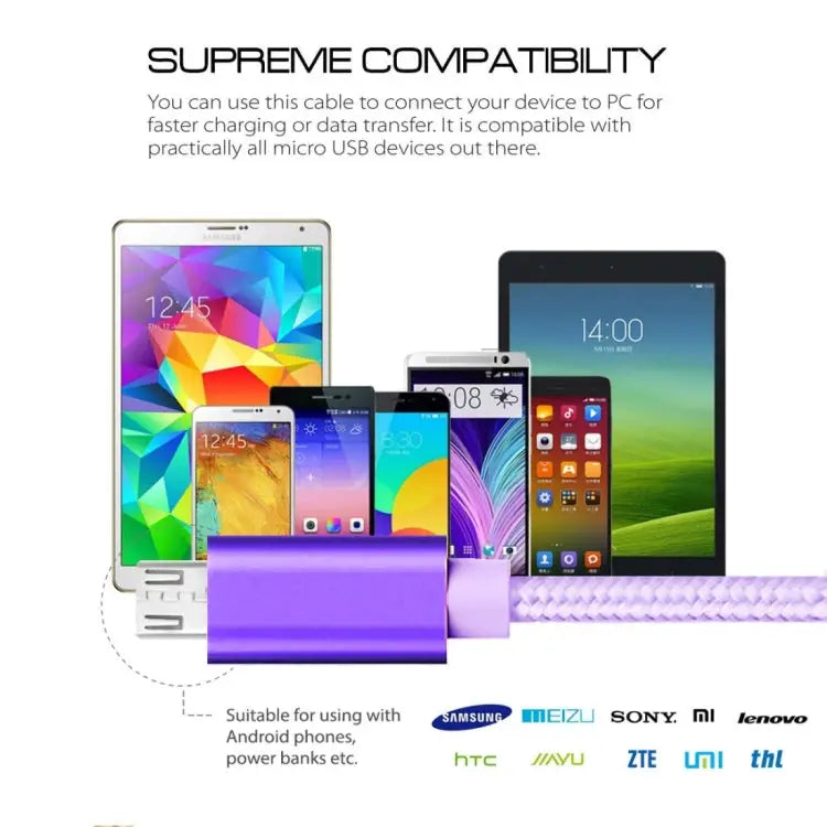 3A Woven Style Metal Head Micro USB to USB Data / Charger Cable Cable Length: 3m - 3m Micro USB / Purple