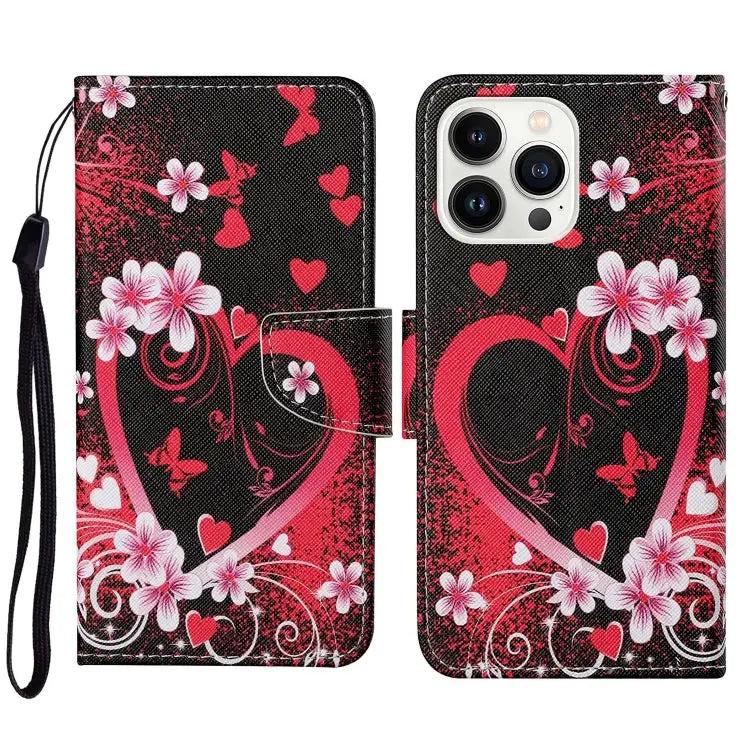 3D Colored Drawing Flip Leather Phone Case For iPhone 16 Pro Max - For iPhone 16 Pro Max / Red Heart - Apple Accessories
