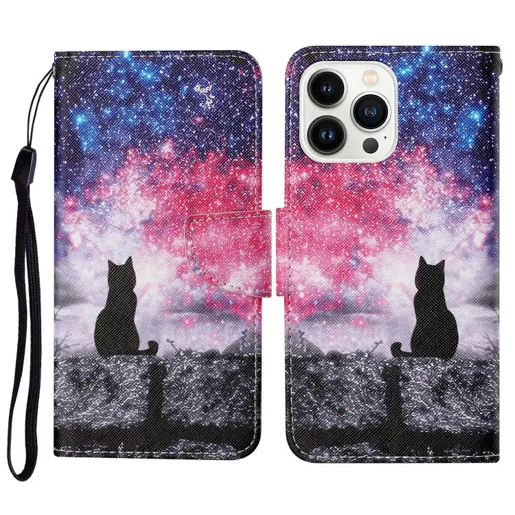 3D Colored Drawing Flip Leather Phone Case For iPhone 16 Pro Max - For iPhone 16 Pro Max / Star Cat - Apple Accessories