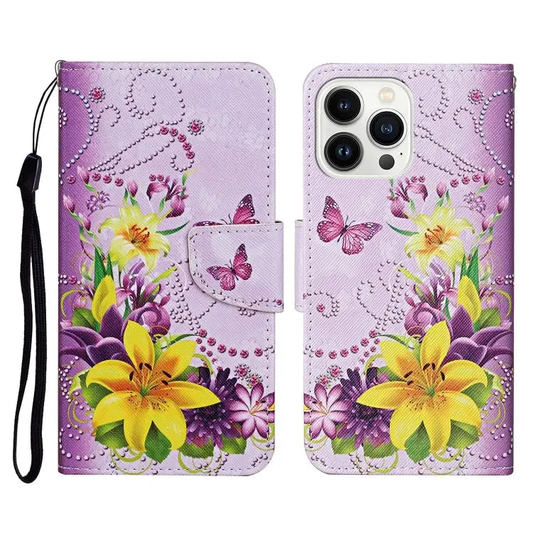 3D Colored Drawing Flip Leather Phone Case For iPhone 16 Pro Max - For iPhone 16 Pro Max / Yellow Flowers - Apple