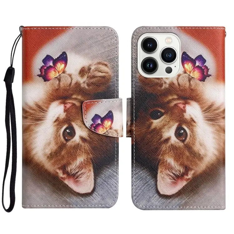 3D Colored Drawing Flip Leather Phone Case For iPhone 16 Pro Max - For iPhone 16 Pro Max / Butterfly Cat - Apple
