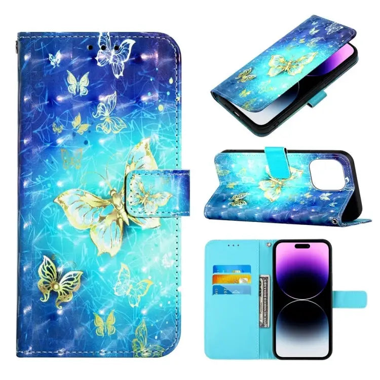 3D Painting Horizontal Flip Leather Phone Case For iPhone 14 Pro Max - For iPhone 14 Pro Max / Golden Butterfly - Apple