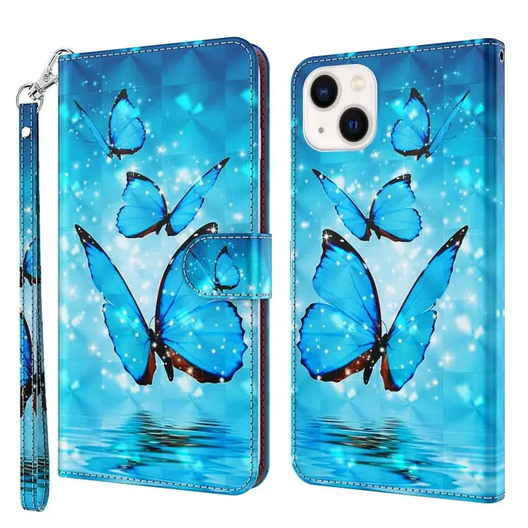 3D Painting Pattern Flip Leather Phone Case For iPhone 14 For iPhone 14 Plus - For iPhone 14 Plus / Three Butterflies