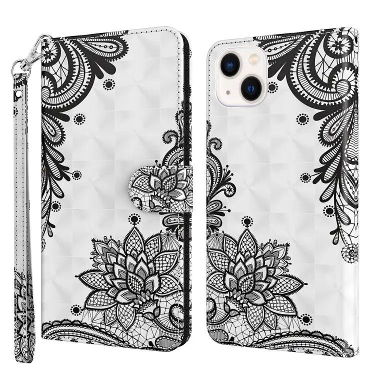 3D Painting Pattern Flip Leather Phone Case For iPhone 14 For iPhone 14 Plus - For iPhone 14 Plus / Black Flower