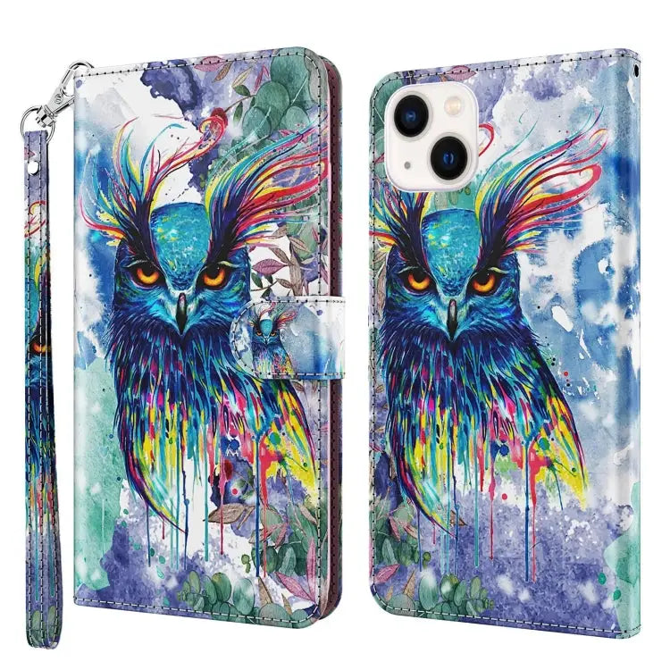 3D Painting Pattern Flip Leather Phone Case For iPhone 14 For iPhone 14 Plus - For iPhone 14 / Watercolor Owl - Apple