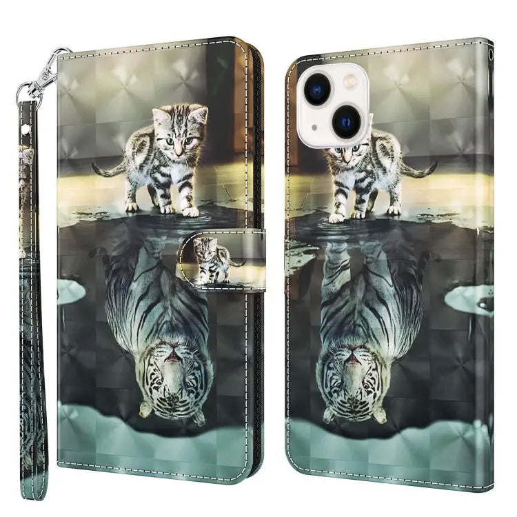 3D Painting Pattern Flip Leather Phone Case For iPhone 14 For iPhone 14 Plus - For iPhone 14 / Cat Tiger - Apple