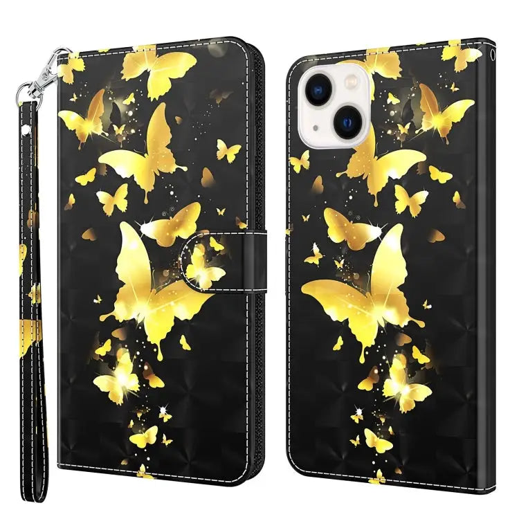3D Painting Pattern Flip Leather Phone Case For iPhone 14 For iPhone 14 Plus - For iPhone 14 Plus / Gold Butterflies