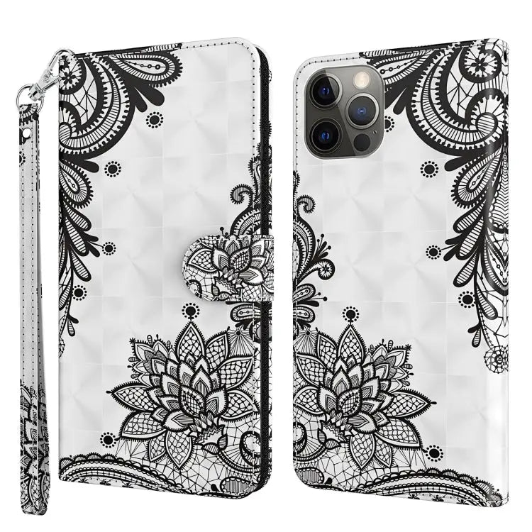 3D Painting Pattern Flip Leather Phone Case For iPhone 14 Pro For iPhone 14 Pro Max - For iPhone 14 Pro / Black Flower