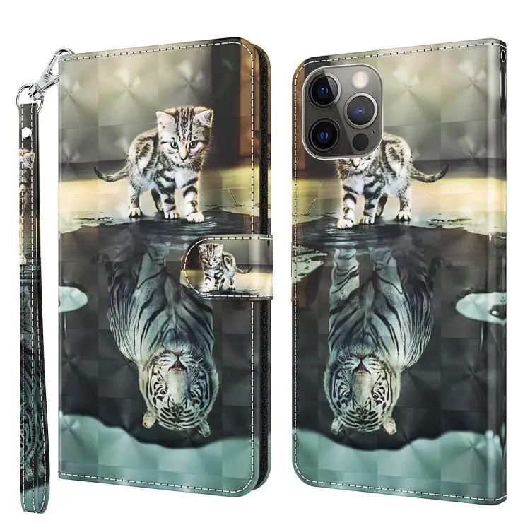 3D Painting Pattern Flip Leather Phone Case For iPhone 14 Pro For iPhone 14 Pro Max - For iPhone 14 Pro / Cat Tiger