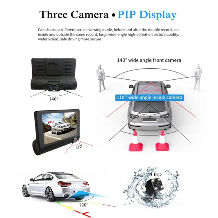 4.0 inch IPS Screen 5.0 Mega Pixels 170 Degrees Wide Angle Full HD 1080P 3 Channels Video Car DVR Support Night Vision