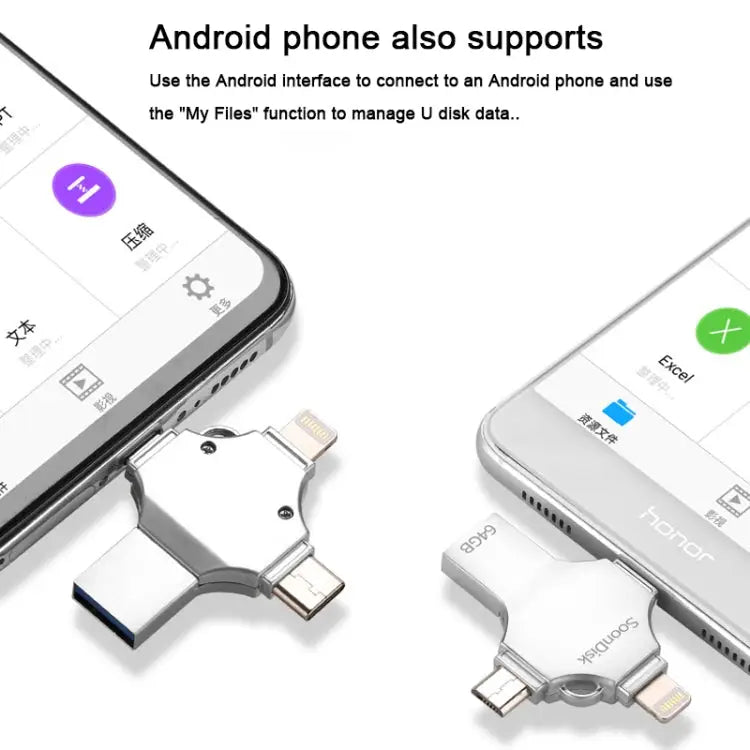 4 in 1 64GB USB 3.0 + 8 Pin + Mirco USB + USB-C / Type-C Dual-use Flash Drive with OTG Function 64GB - 64GB