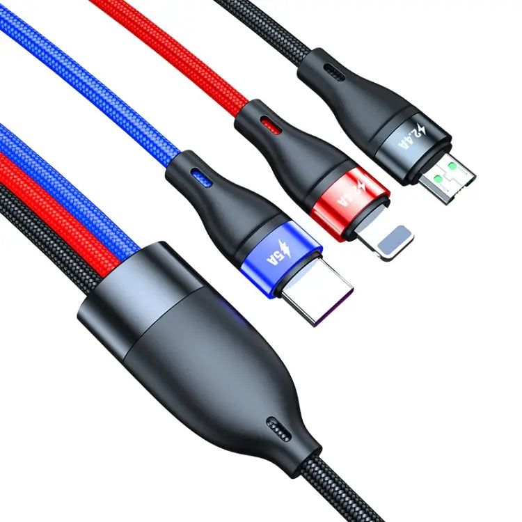 40W 5A USB to Micro USB + USB-C / Type-C + 8 Pin Fast Charging Data Cable Cable Length: 1.2m - 1.2m