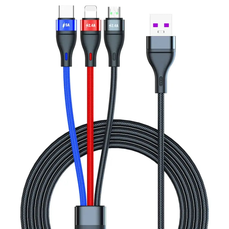 40W 5A USB to Micro USB + USB-C / Type-C + 8 Pin Fast Charging Data Cable Cable Length: 1.2m - 1.2m