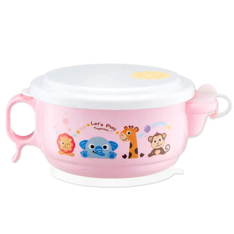 450ml Stainless Steel Interior And Plastic Exterior Double Layer Cartoon Style Bowl With Cover And Handles for Child
