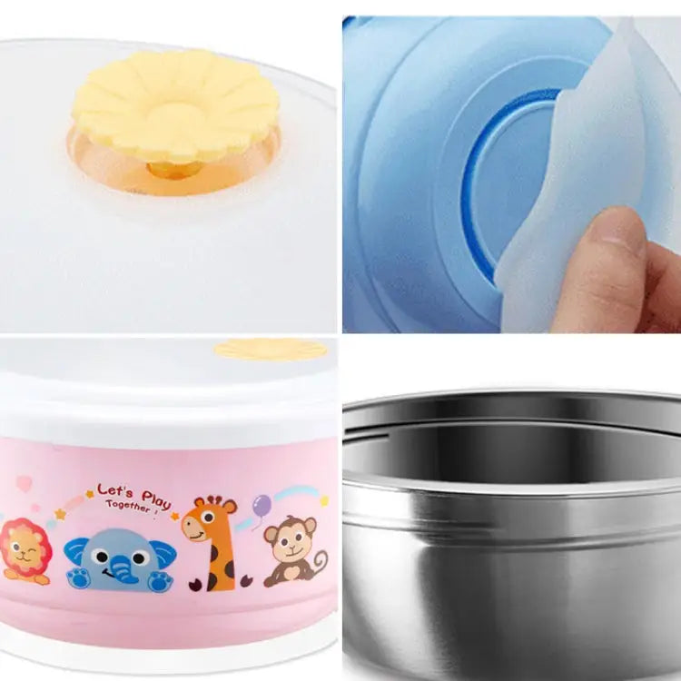 450ml Stainless Steel Interior And Plastic Exterior Double Layer Cartoon Style Bowl With Cover And Handles for Child