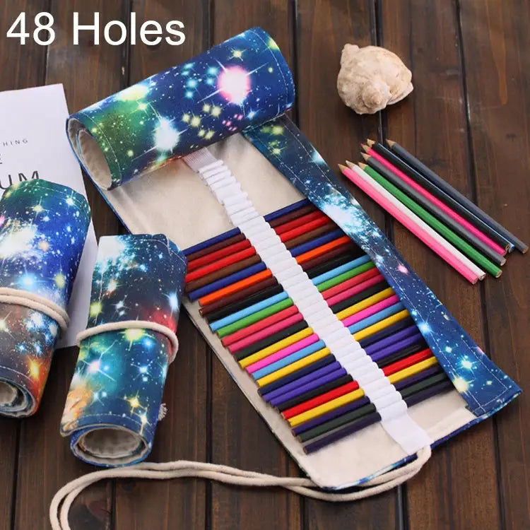 48 Slots Cosmic Galaxy Print Pen Bag Canvas Pencil Wrap Curtain Roll Up Pencil Case Stationery Pouch - 48 Slots
