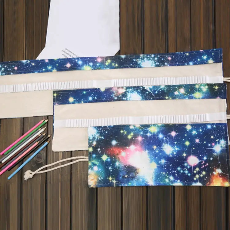 48 Slots Cosmic Galaxy Print Pen Bag Canvas Pencil Wrap Curtain Roll Up Pencil Case Stationery Pouch - 48 Slots