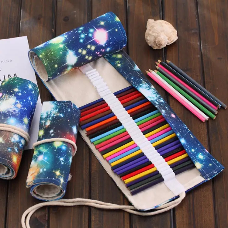 48 Slots Cosmic Galaxy Print Pen Bag Canvas Pencil Wrap Curtain Roll Up Pencil Case Stationery Pouch - 48 Slots