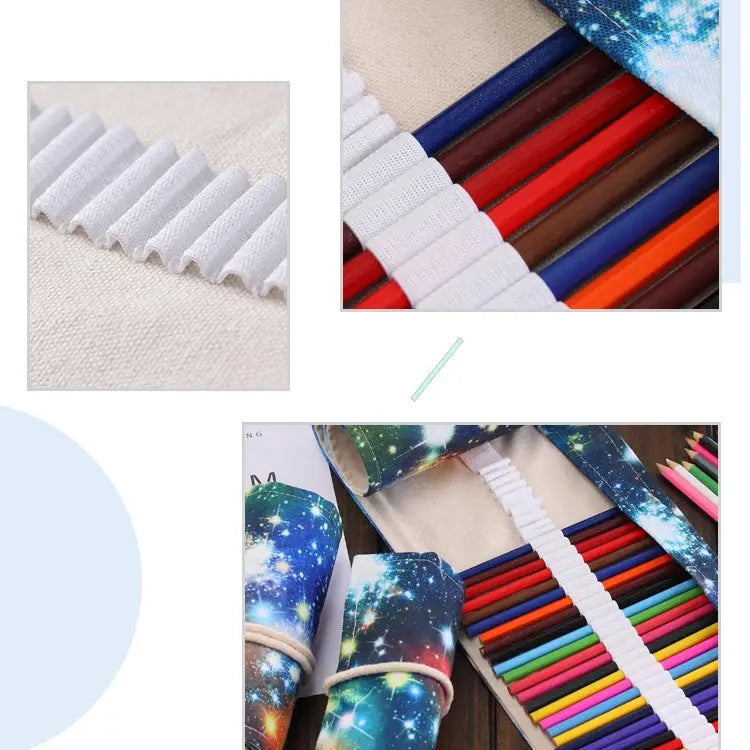 48 Slots Cosmic Galaxy Print Pen Bag Canvas Pencil Wrap Curtain Roll Up Pencil Case Stationery Pouch - 48 Slots