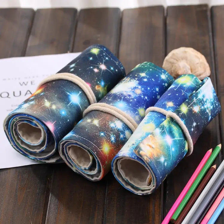 48 Slots Cosmic Galaxy Print Pen Bag Canvas Pencil Wrap Curtain Roll Up Pencil Case Stationery Pouch - 48 Slots