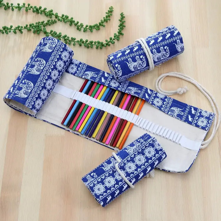 48 Slots Ethnic Elephant Print Pen Bag Canvas Pencil Wrap Curtain Roll Up Pencil Case Stationery Pouch 48 Slots - 48