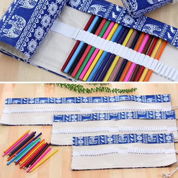 48 Slots Ethnic Elephant Print Pen Bag Canvas Pencil Wrap Curtain Roll Up Pencil Case Stationery Pouch 48 Slots - 48