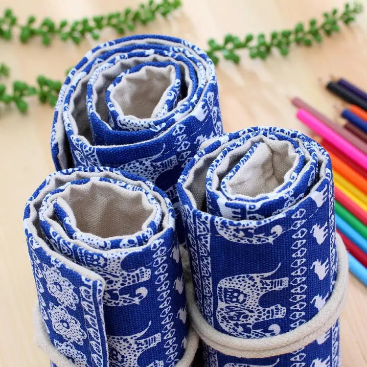 48 Slots Ethnic Elephant Print Pen Bag Canvas Pencil Wrap Curtain Roll Up Pencil Case Stationery Pouch 48 Slots - 48