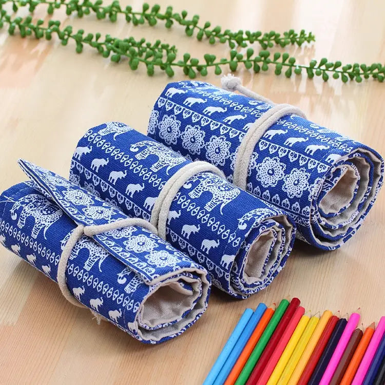 48 Slots Ethnic Elephant Print Pen Bag Canvas Pencil Wrap Curtain Roll Up Pencil Case Stationery Pouch 48 Slots - 48