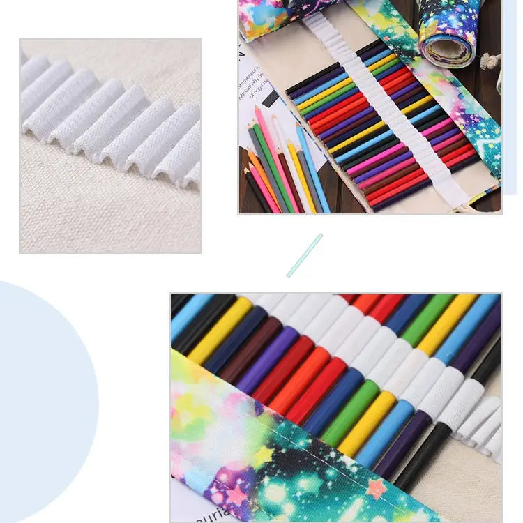 48 Slots Starry Sky Print Pen Bag Canvas Pencil Wrap Curtain Roll Up Pencil Case Stationery Pouch - 48 Slots