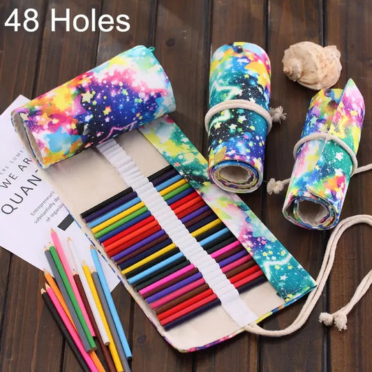48 Slots Starry Sky Print Pen Bag Canvas Pencil Wrap Curtain Roll Up Pencil Case Stationery Pouch - 48 Slots