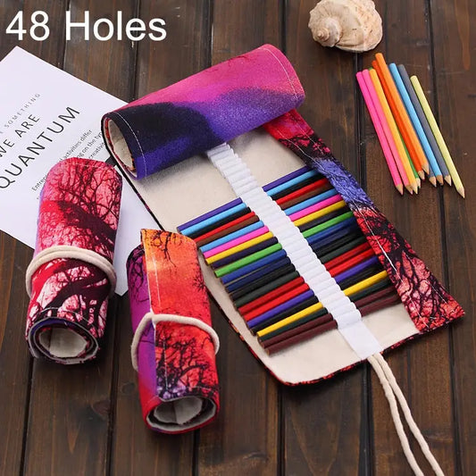 48 Slots Sunset Tree Print Pen Bag Canvas Pencil Wrap Curtain Roll Up Pencil Case Stationery Pouch - 48 Slots