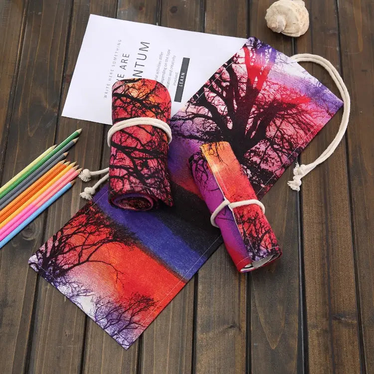 48 Slots Sunset Tree Print Pen Bag Canvas Pencil Wrap Curtain Roll Up Pencil Case Stationery Pouch - 48 Slots