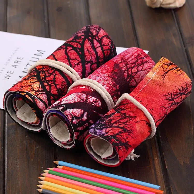 48 Slots Sunset Tree Print Pen Bag Canvas Pencil Wrap Curtain Roll Up Pencil Case Stationery Pouch - 48 Slots