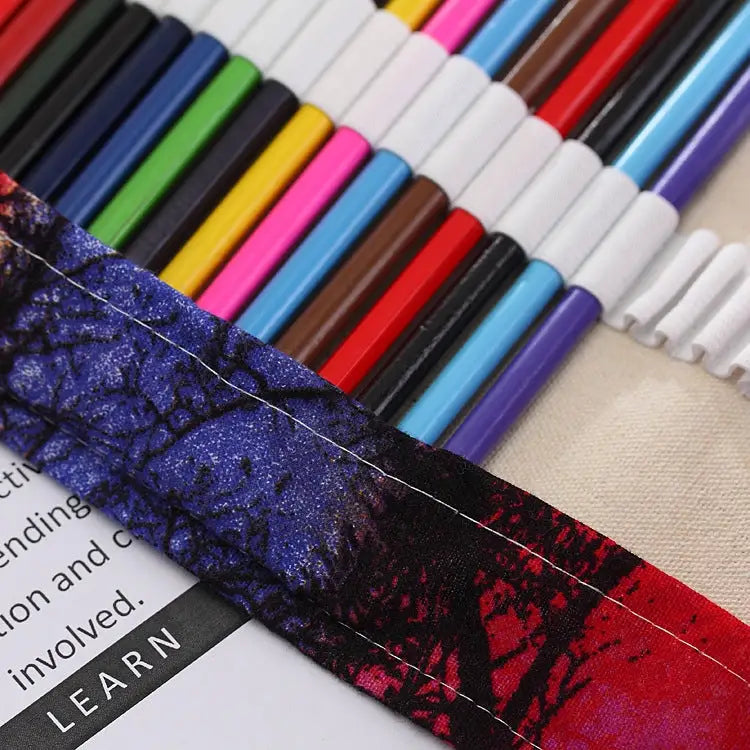 48 Slots Sunset Tree Print Pen Bag Canvas Pencil Wrap Curtain Roll Up Pencil Case Stationery Pouch - 48 Slots