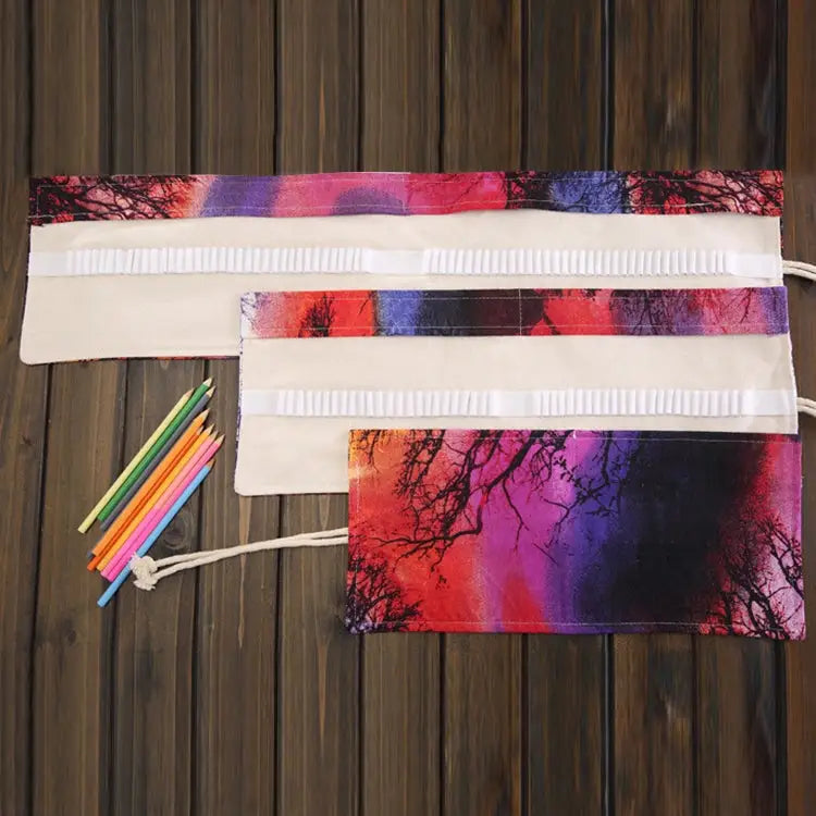 48 Slots Sunset Tree Print Pen Bag Canvas Pencil Wrap Curtain Roll Up Pencil Case Stationery Pouch - 48 Slots
