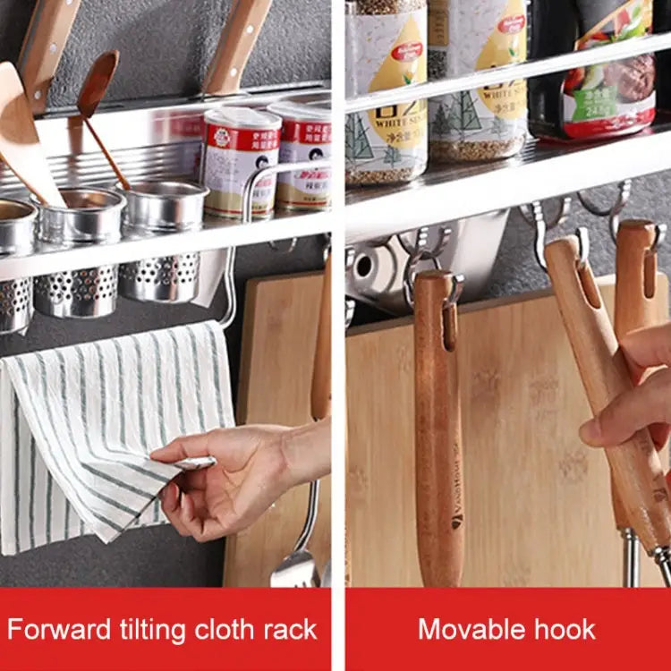 50cm 2 Cups 8 Hooks Multi-function Kitchen Punching-free Wall-mounted Plastic Edge Condiment Holder Storage Rack 50cm