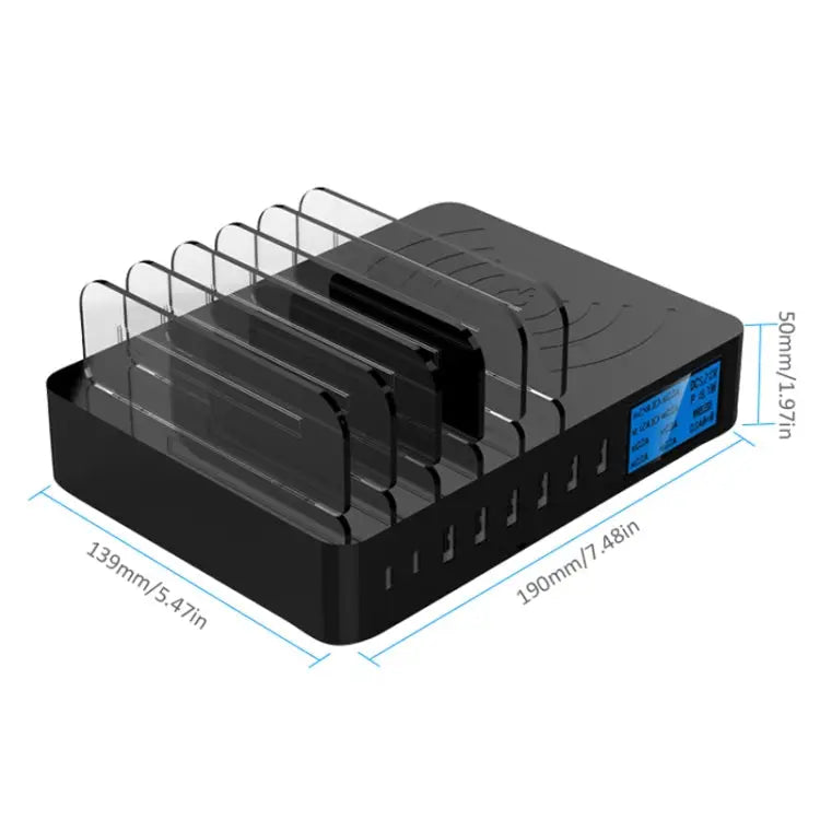 50W 6 USB Ports + 2 USB-C / Type-C Ports + Wireless Charging Multi-function Charger with LED Display & Detachable Bezel