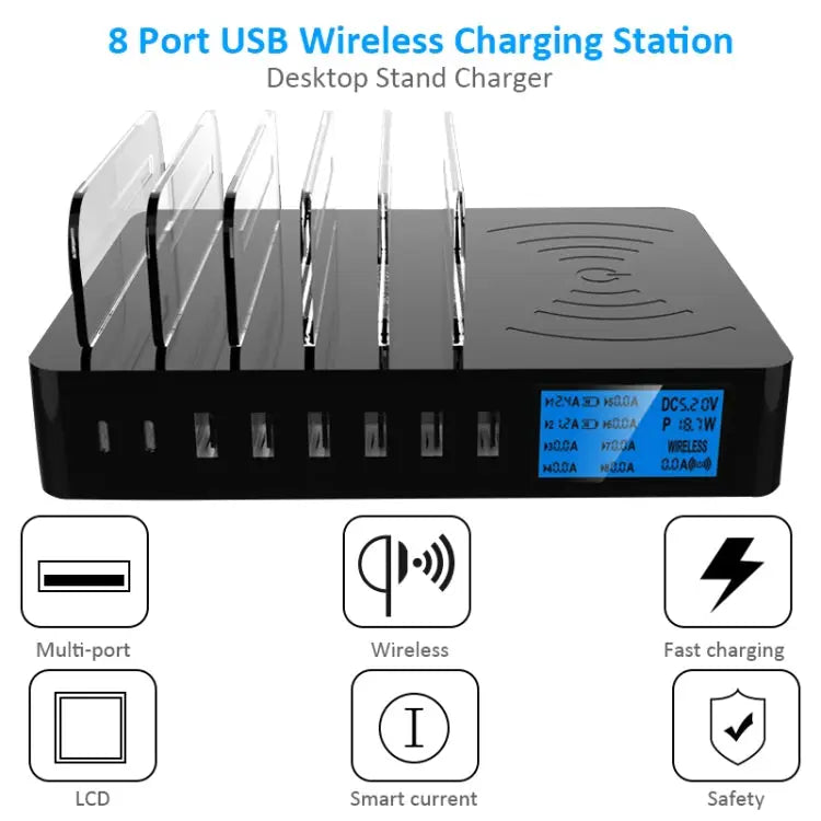 50W 6 USB Ports + 2 USB-C / Type-C Ports + Wireless Charging Multi-function Charger with LED Display & Detachable Bezel