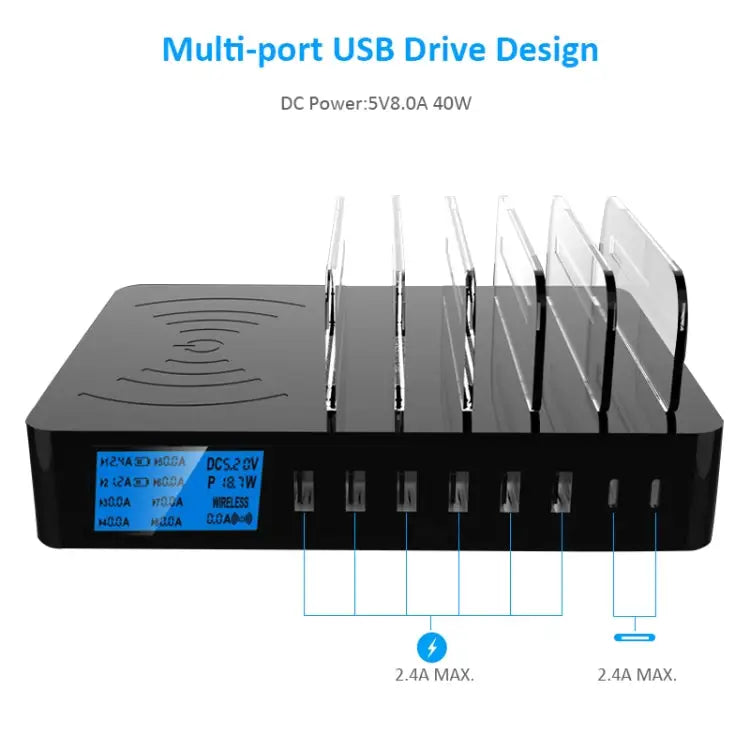 50W 6 USB Ports + 2 USB-C / Type-C Ports + Wireless Charging Multi-function Charger with LED Display & Detachable Bezel